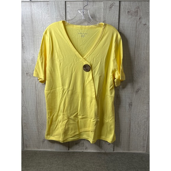 Draper'S & Damon'S Tops - Drapers & Damons Womens Large Yellow Faux Wrap V-Neck Top Short Sleeve Button
